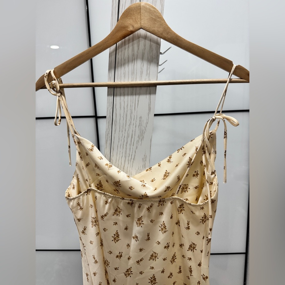 Brand New Champagne Beige Floral Cowl Neck Satin Slip Mini Dress Sleeveless - Picture 5 of 11